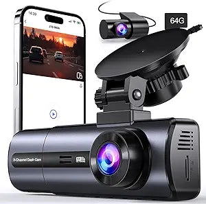 3 Channel 4K Dash Cam with 5GHz WiFi & APP Control, 4K/2.5K+1080P+1080P Front Inside and Rear, Triple Dash Camera with 64GB Card, G-Sensor, 24 Hours Parking Mode, Loop Recording, Night Vision